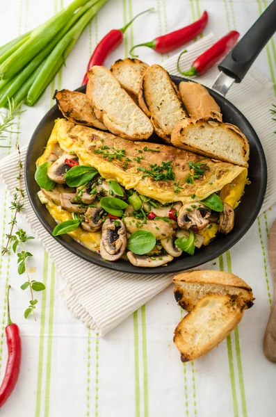 Omelet with mushrooms, lambs lettuce, herbs and chilli — Stock Photo, Image