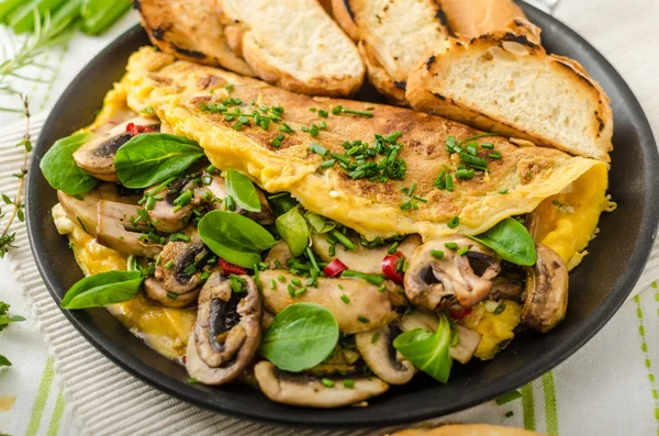 Omelet with mushrooms, lambs lettuce, herbs and chilli — Stock Photo, Image