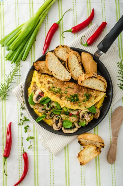 Omelet met champignons, lammeren sla, kruiden en Spaanse peper — Stockfoto