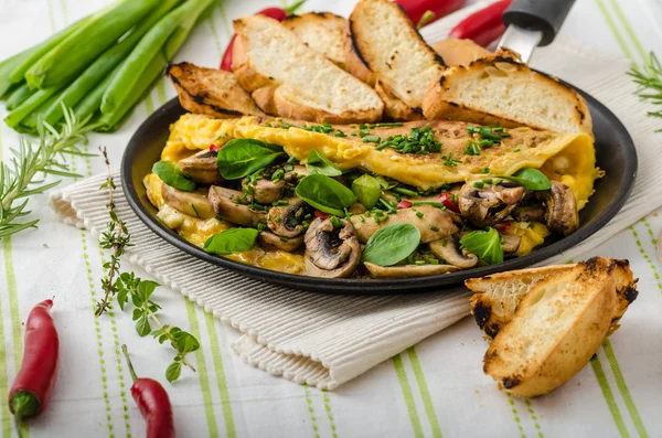 Omelet con funghi, agnelli lattuga, erbe aromatiche e peperoncino — Foto Stock