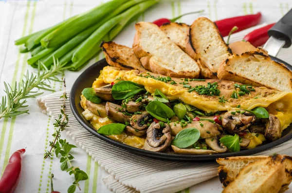 Omelet with mushrooms, lambs lettuce, herbs and chilli — Stock Photo, Image