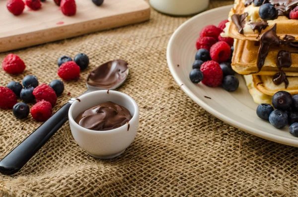 Waffles com frutas e chocolate — Fotografia de Stock