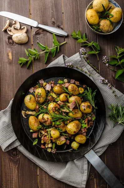 Cowboy potatoes with bacon and herbs — Stock Photo, Image