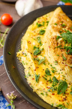 Herb omelette with chives and oregano sprinkled with Herb omelette with chili flakes