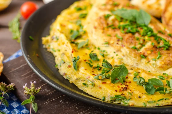 Herb omelette with chives and oregano sprinkled with Herb omelette with chili flakes — Stock Photo, Image