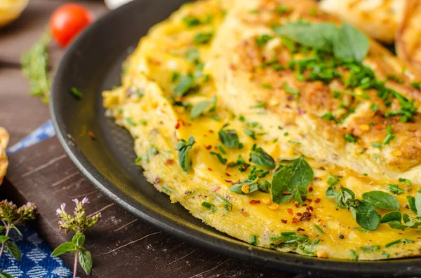 Omelette alle erbe con erba cipollina e origano cosparse di omelette alle erbe con scaglie di peperoncino — Foto Stock