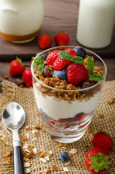 Sült granola és a bogyók kis pohár joghurt — Stock Fotó