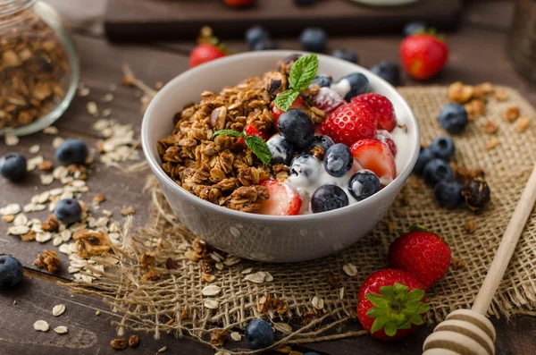 Yogurt with baked granola and berries in small bowl — Stock Photo, Image