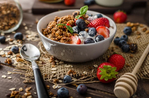 Pişmiş granola ve meyveleri küçük kase yoğurt — Stok fotoğraf