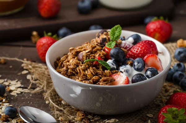 Yogurt with baked granola and berries in small bowl — Stock Photo, Image