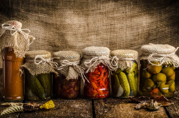 Cooked vegetables, pickles, homemade ketchup — Stock Photo, Image