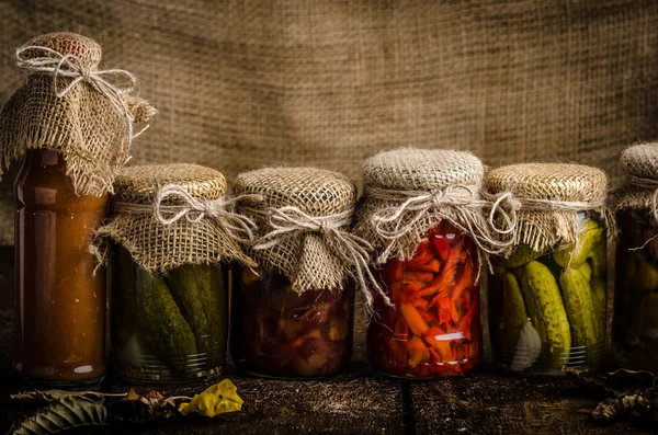 Cooked vegetables, pickles, homemade ketchup — Stock Photo, Image