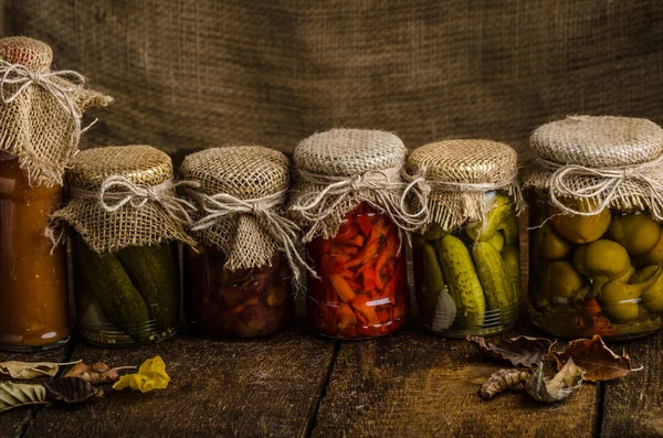 Cooked vegetables, pickles, homemade ketchup — Stock Photo, Image