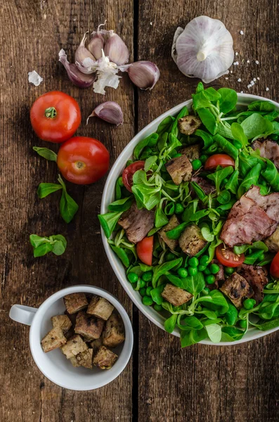 Frisk salat med bacon og croutoner - Stock-foto