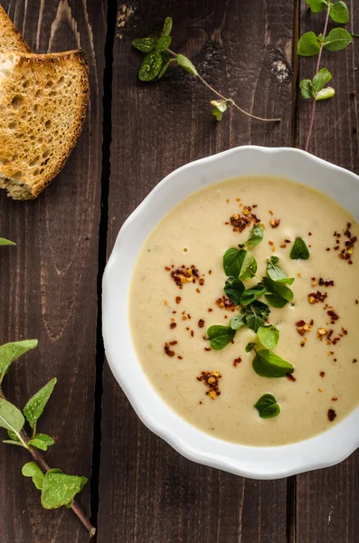Creamy zucchini soup with chilli and oregano — Stock Image Creamy zucchini soup with chilli and oregano Royalty Free Stock Photos