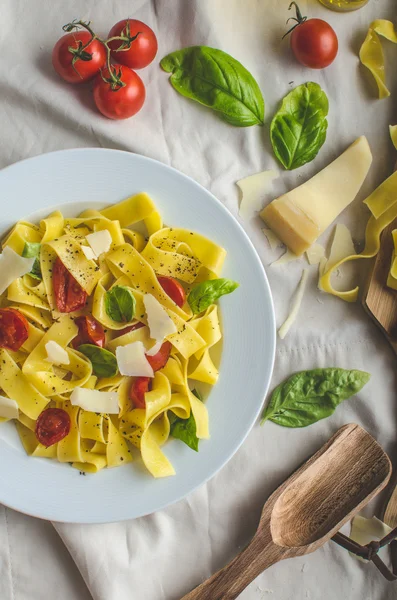 Tagliatelle în culori italiene, roșii prăjite, busuioc Tagliatelle — Fotografie, imagine de stoc