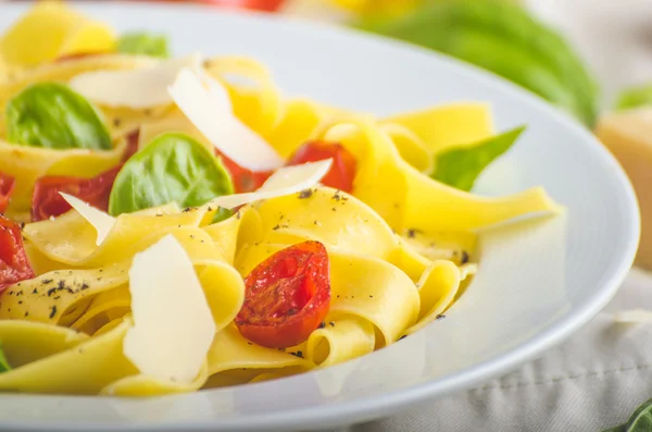 Tagliatelle en colores italianos, tomates asados, albahaca Tagliatelle —  Fotos de Stock