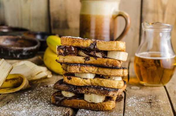 French toast filled banana and chocolate — Stok fotoğraf