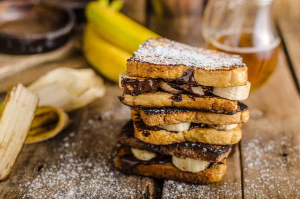 French toast filled banana and chocolate — Stok fotoğraf