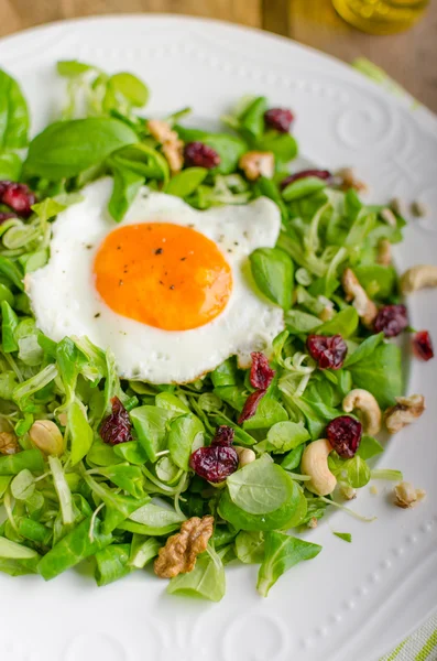 Fındık, Kuru üzüm ve kızarmış yumurta taze salata — Stok fotoğraf