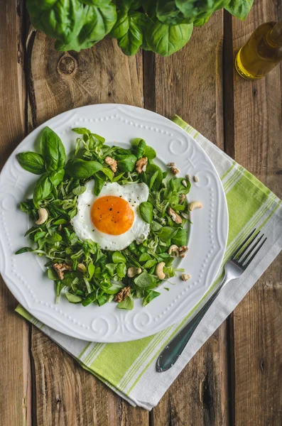 Insalata fresca con noci, uvetta e uovo fritto — Foto Stock