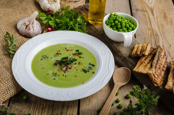 Suppe aus jungen Erbsen — Stockfoto