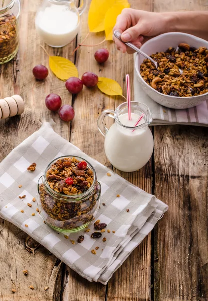 Granola casera con frutos secos, miel y trozos de fruta — Foto de Stock