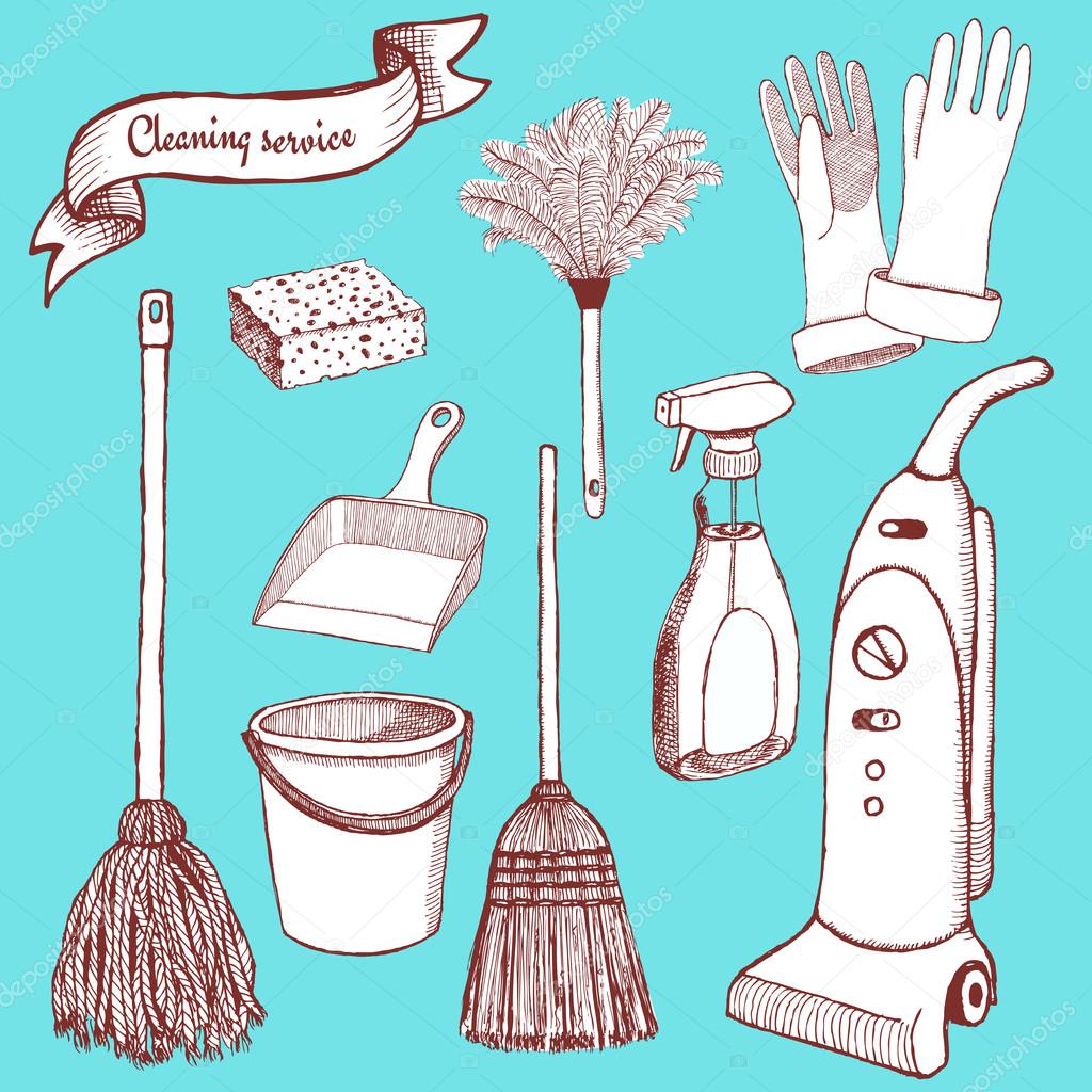 Cleaning Equipment Set Housekeeping Tools Handdrawn Stock Vector (Royalty  Free) 68328280, Shutterstock