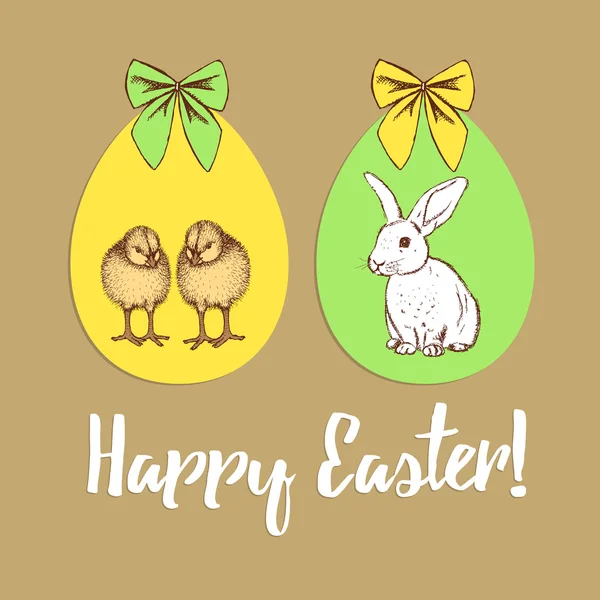 Cartaz de Páscoa com chiken, coelho e ovos —  Vetores de Stock