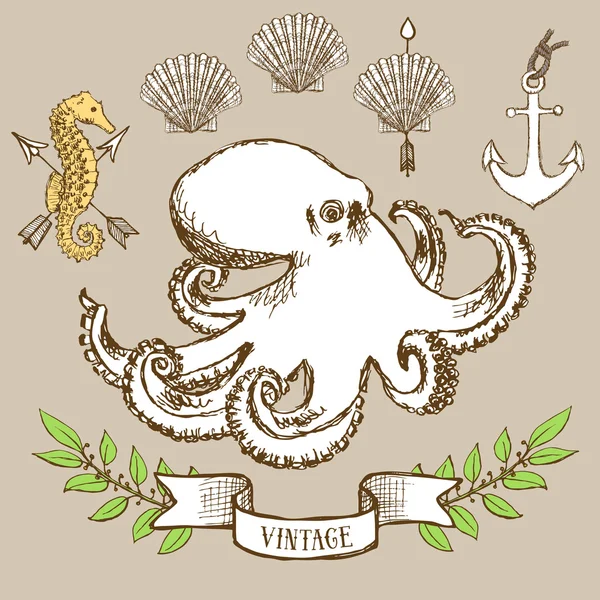 Poster poulpe avec coquille, ancre et hippocampe — Image vectorielle