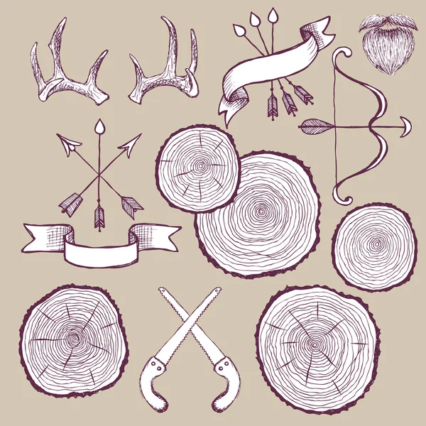 Anillos de árbol con arco, astas y sierra — Vector de stock