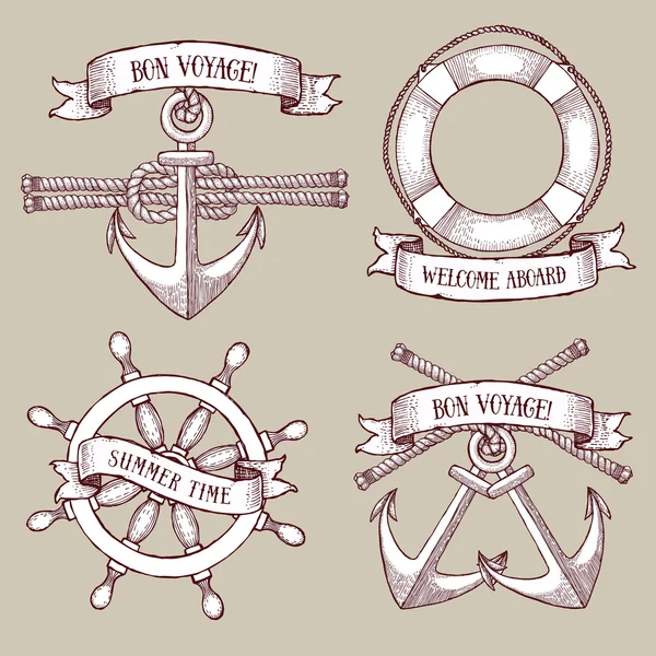 Engraved set of marine icons — Stock Vector