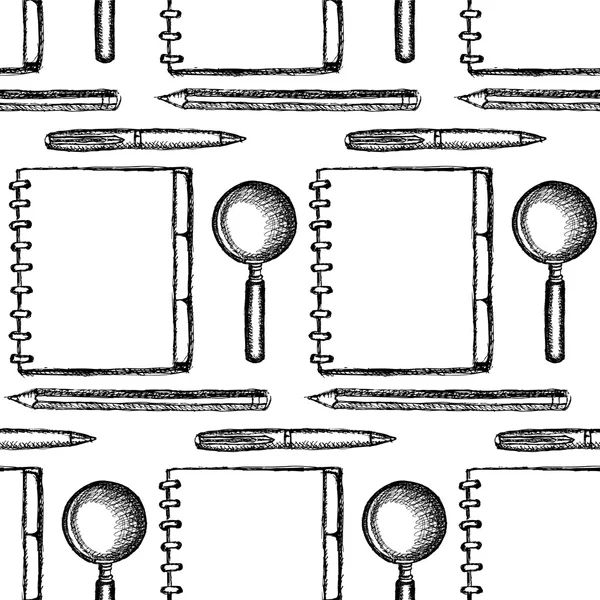 Disegno quaderno, penna, zoom e matita , — Vettoriale Stock