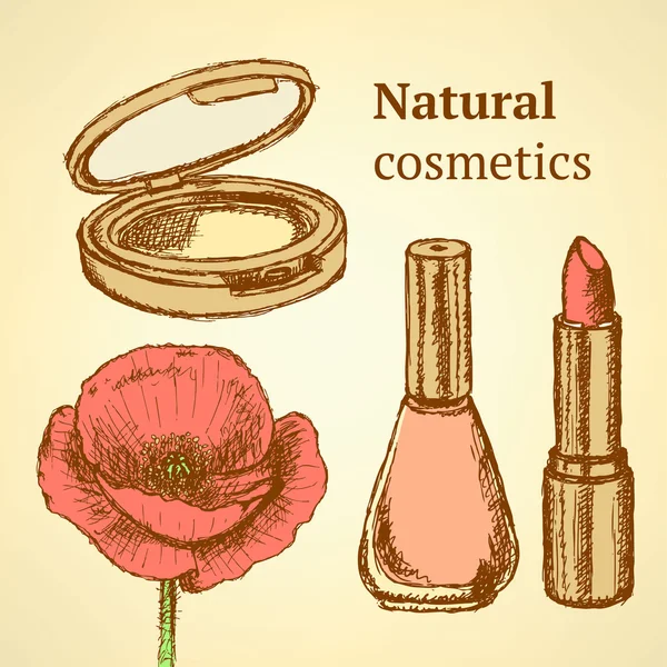 Bosquejo de equipos de belleza con amapola — Vector de stock