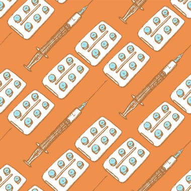 vintage tarzı şırınga ve tabletler paketinde kroki