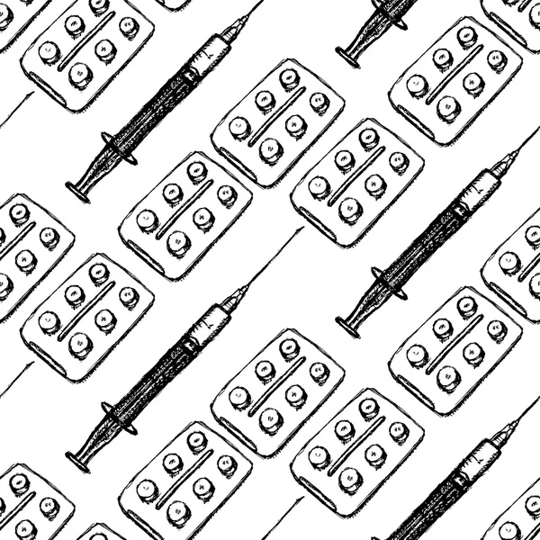 Sketch seringa e comprimidos pacote em estilo vintage — Vetor de Stock