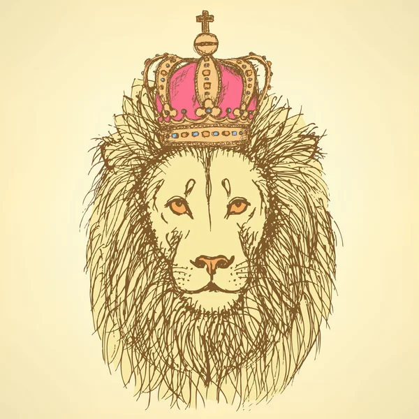 Croquis lion mignon avec couronne dans un style vintage — Image vectorielle