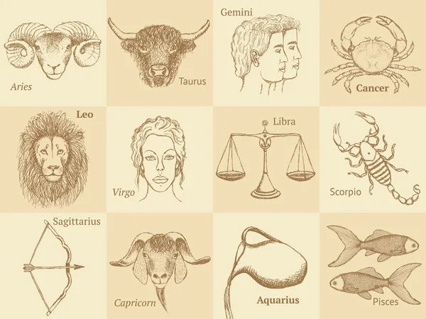 Croquis signes du zodiaque dans le style vintage — Image vectorielle