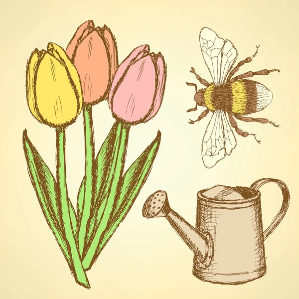 Sketch tulip, bee and watering can — Stock Vector