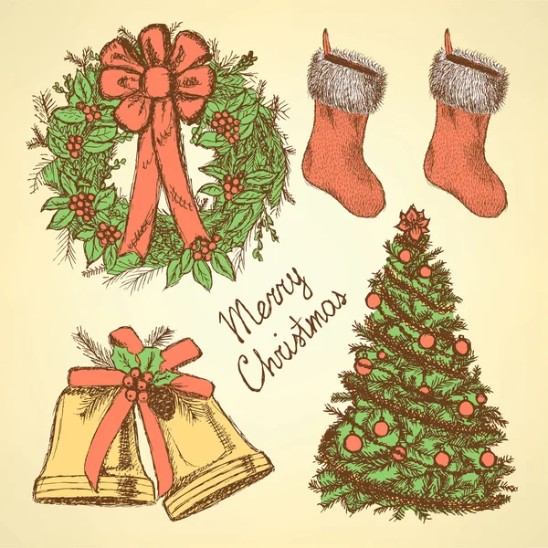 Sketch Christmas set in vintage style - Stok Vektor