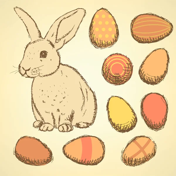 Эскиз Пасхальные яйца и кролика в винтажном стиле — стоковый вектор