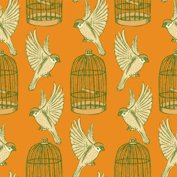 Dibujo pájaro y jaula patrón sin costura — Vector de stock