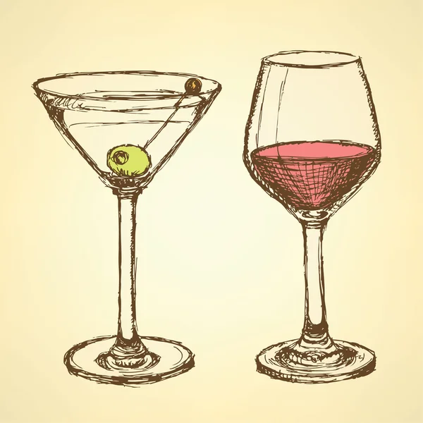 Skizze Martini und Weinglas im Vintage-Stil — Stockvektor