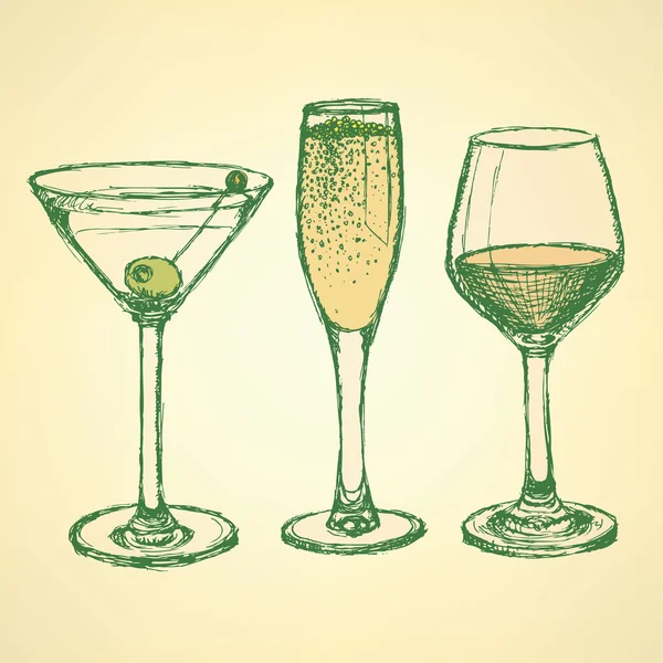 素描马提尼酒、 香槟和葡萄酒玻璃 — 图库矢量图片