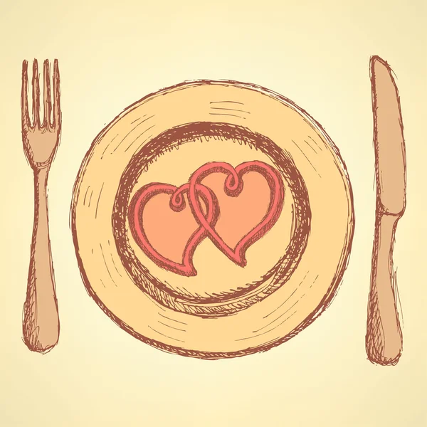 Boceto corazones en el plato en estilo vintage — Vector de stock