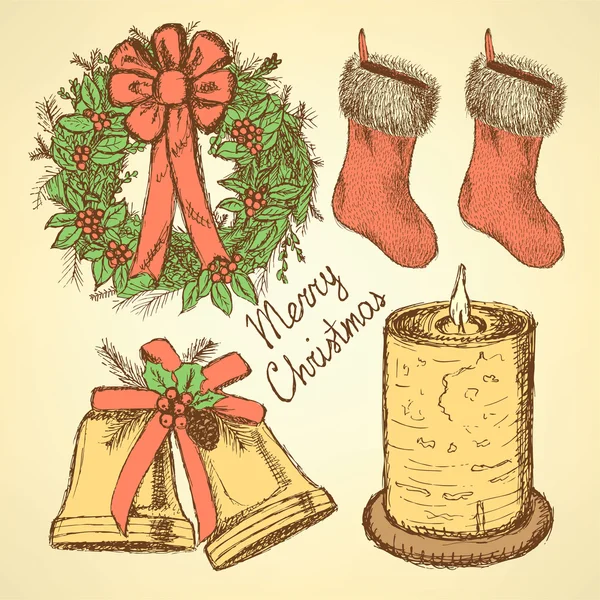 Sketch Christmas set in vintage style - Stok Vektor