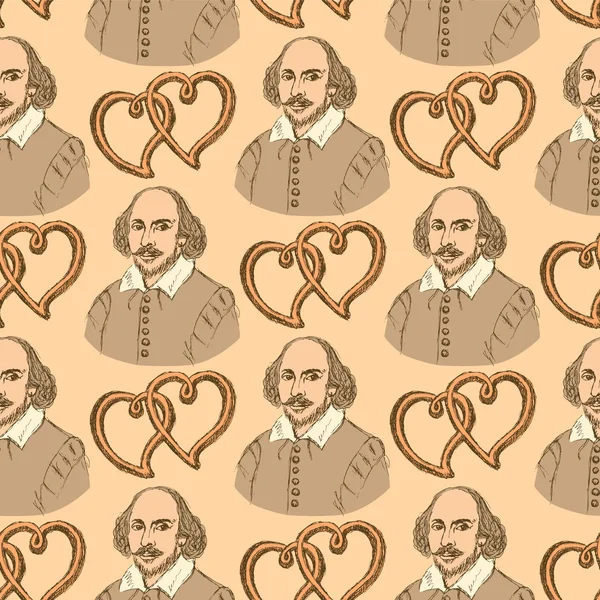 Sketch Shakespeare and hearts in vintage style — Stock Vector