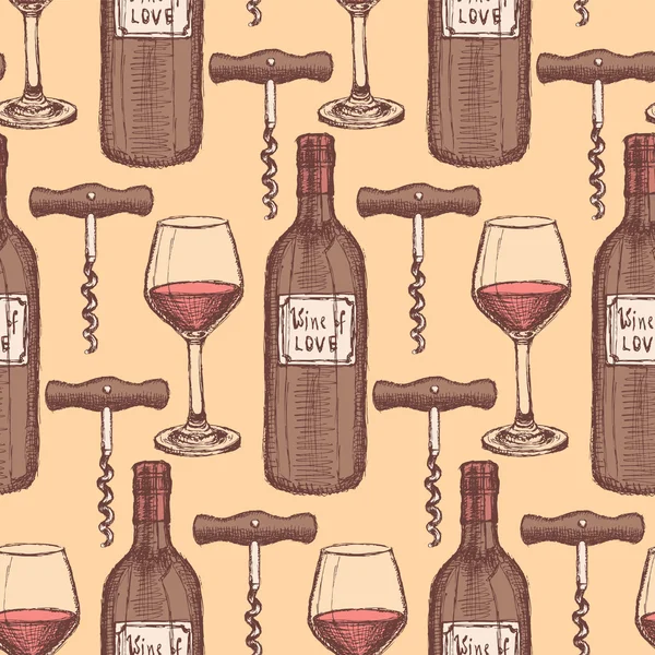 Sketch wine set dalam gaya vintage - Stok Vektor