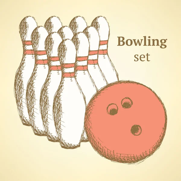 Set bowling Sketch dalam gaya vintage - Stok Vektor