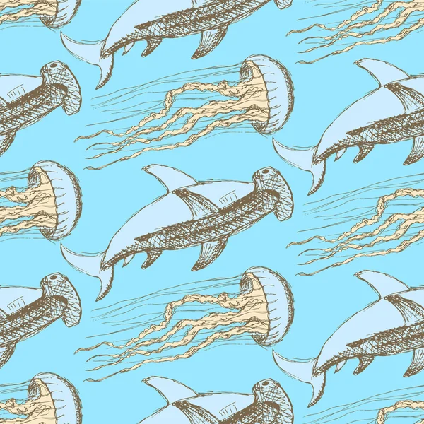 Sketch tiburón martillo y medusas en estilo vintage — Vector de stock